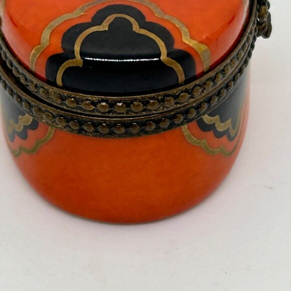 Limoges Oval Trinket Box Handprinted in France Brass Accents Orange-Black Design - Picture 8 of 16